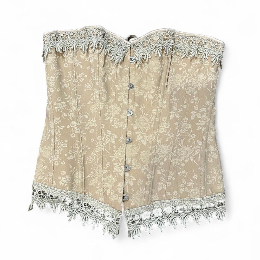 Beige Floral Embroidered Beaded Lace Corset